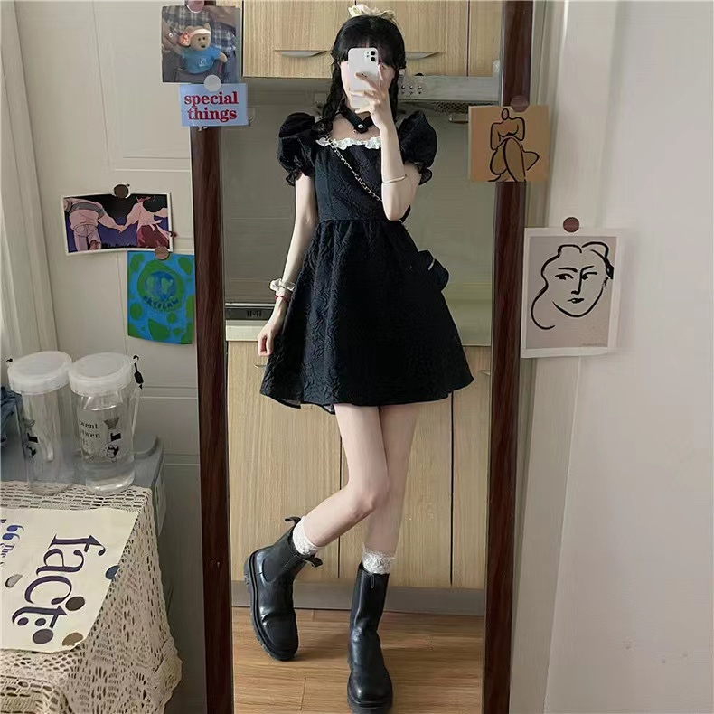 原版質量 設計感別致露背蝴蝶結撞色顯瘦小黑裙夏季連衣裙女