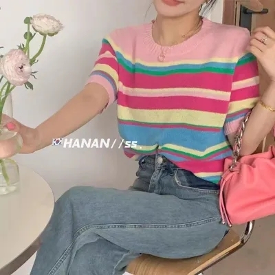 韩国chic夏季新款俏皮甜美圆领撞色条纹宽松短袖套头针织衫毛衣女