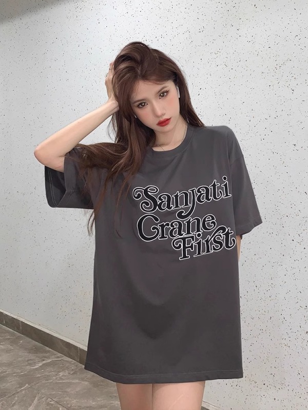 Sanjati crane基礎logo多色美式寬鬆休閒短袖國潮男女情侶同款T恤