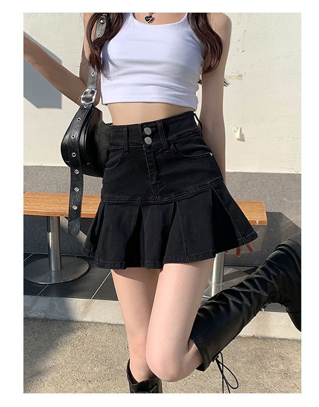 牛仔半身裙女小個子百褶裙春夏2024新款高腰顯瘦百搭a字裙短裙子
