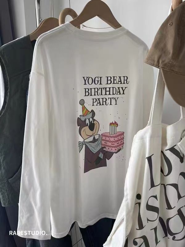 純棉生日小熊前後印花休閒百搭長袖白色T恤女打底