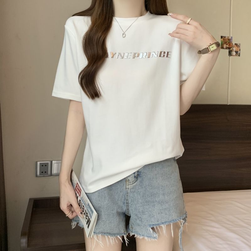 實拍  21支純棉高緊密 2024夏裝立體電鍍字母短袖T恤女