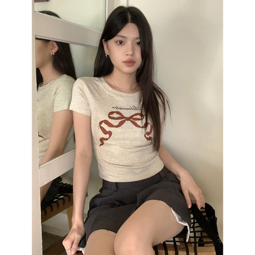 Real shot of ballet style American retro bow ribbon printed short-sleeved T-shirt for women 2024 slim sweet top