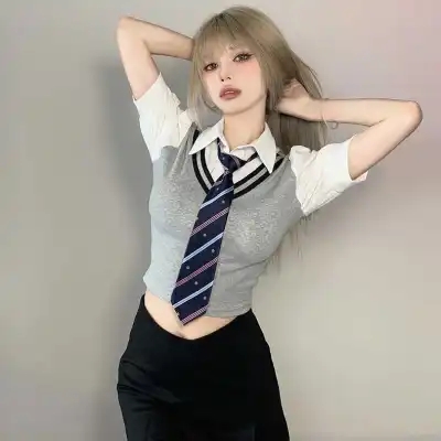 學院風氣質溫柔POLO拼接領泡泡袖T恤女假兩件休閒針織衫顯瘦上衣