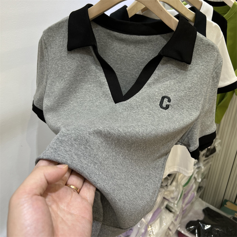 European contrasting color lapel letter embroidered short-sleeved knitted 2024 summer new style slim Polo shirt top trendy