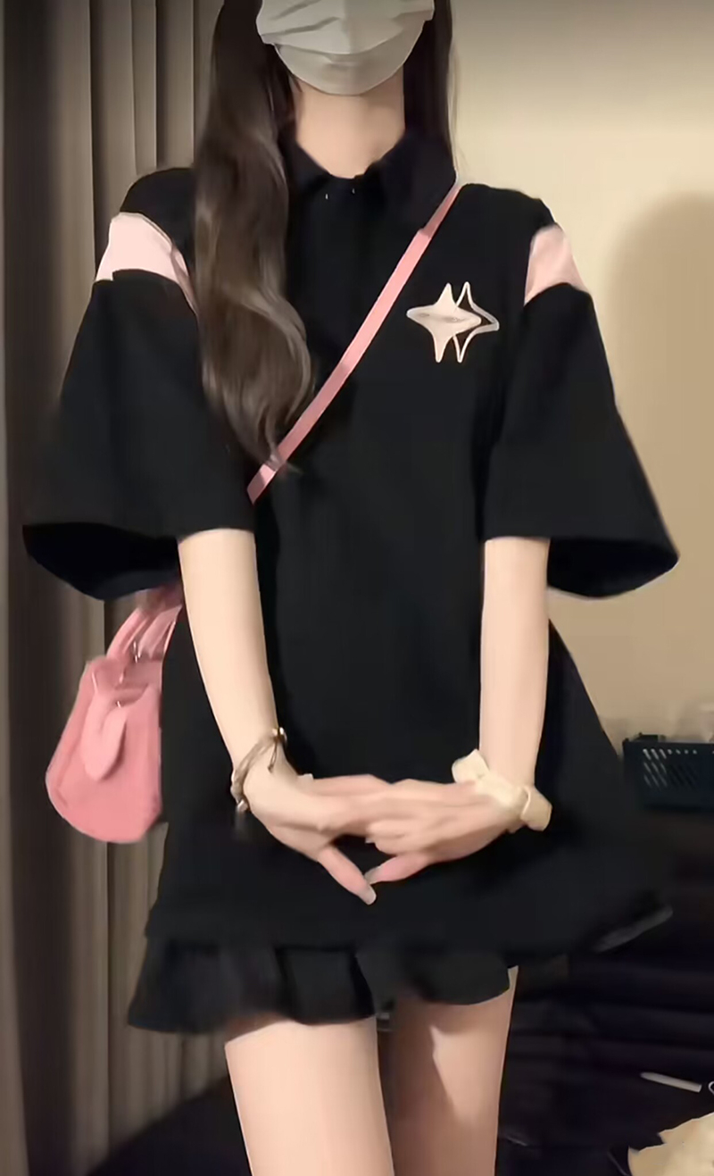 刺繡純棉210克精梳緊密後包領240斤大碼POLO拼色T恤女