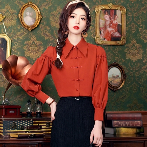 2024新中式复古红色盘扣长袖衬衫  独特别致设计感小众女上衣