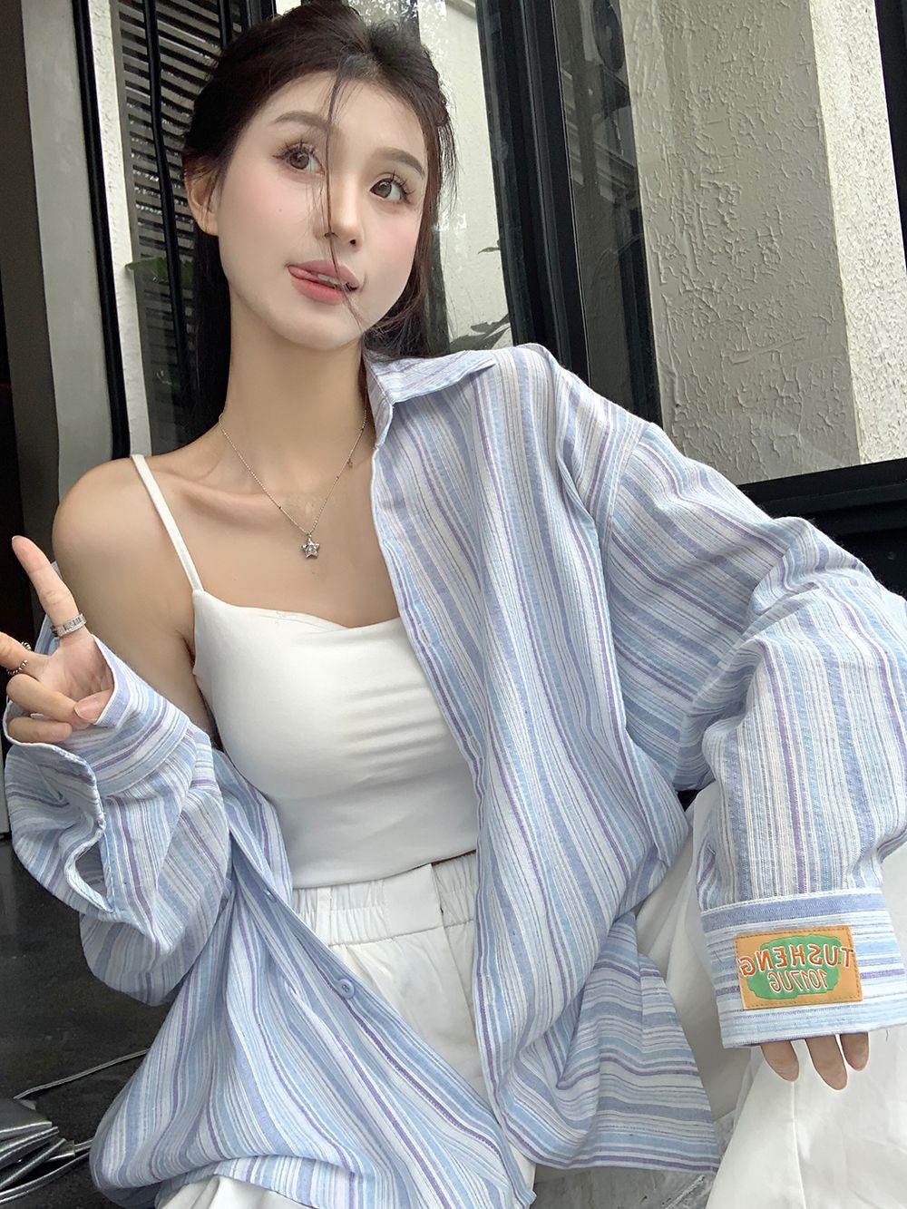 藍色條紋polo領長袖襯衫女裝夏季薄款寬鬆防曬襯衣中長款上衣