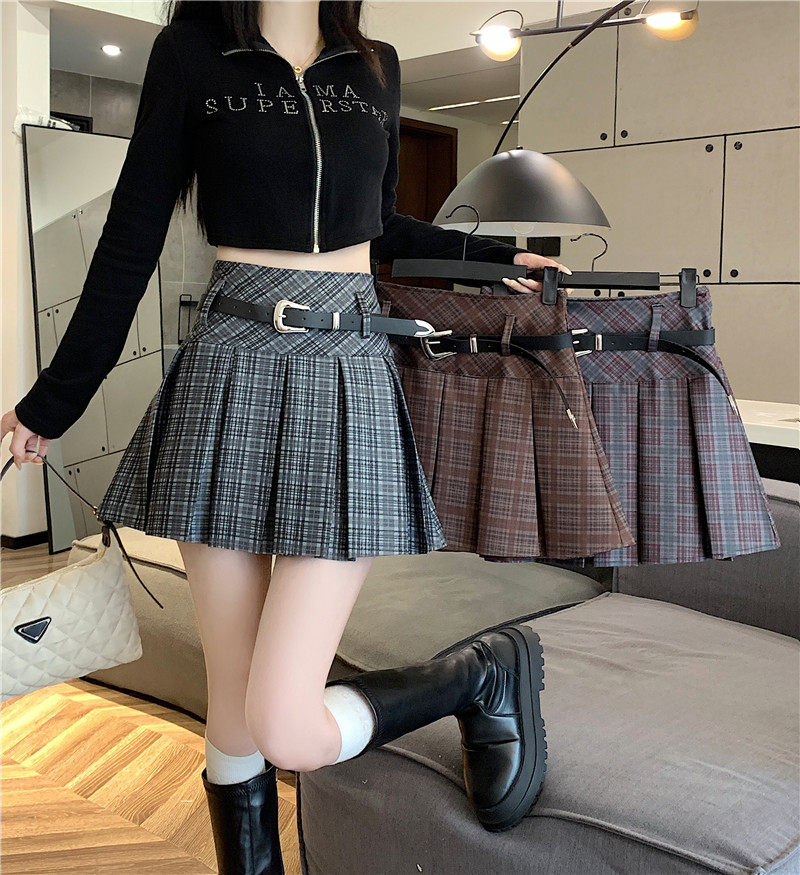 實拍2024春季新款格子半身裙女韓版高腰顯廋百褶裙短裙送腰帶