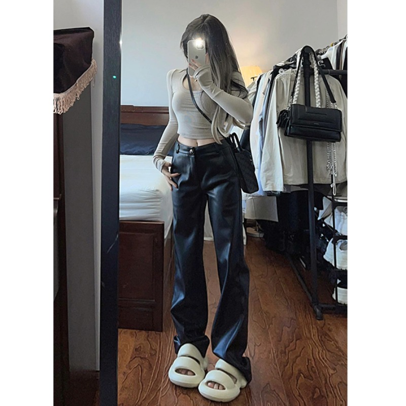 美式高級辣妹街頭復古PU皮褲女秋冬高腰顯瘦直筒寬鬆拖地褲子