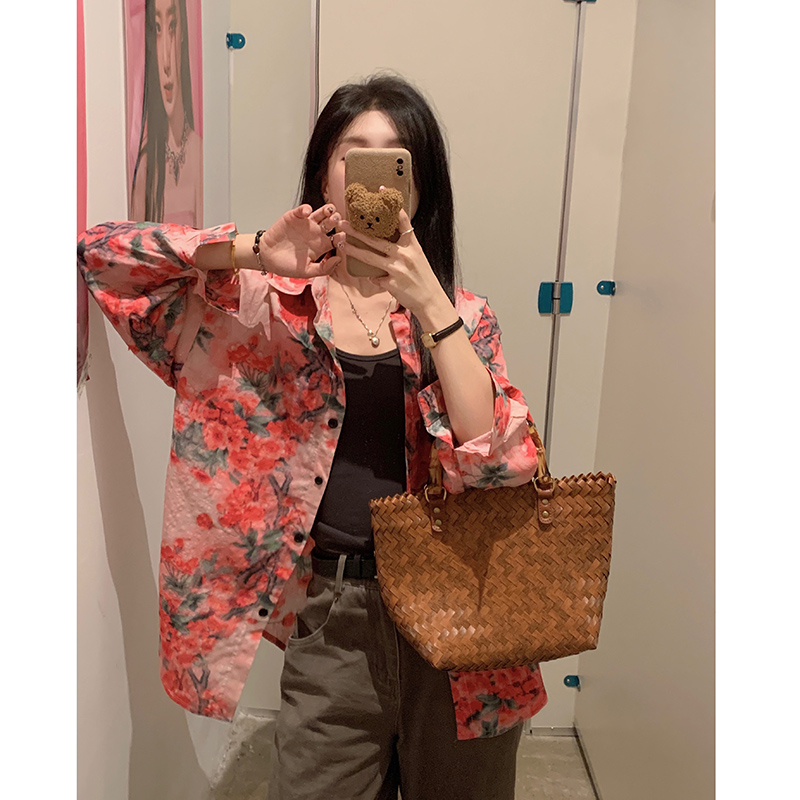 實拍  碎花翻領寬鬆襯衫2024新款韓版顯瘦百搭長袖上衣