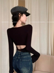 Photographed Spring Sexy Cool Desire Trick Back Knot Slimming Short Sleeve Top Underwear Blouse