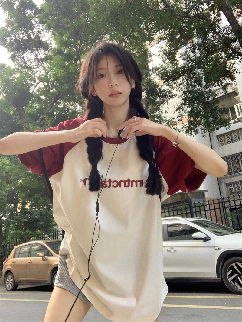 印花21支超爽棉200克後包領240斤特大碼復古撞色T恤女
