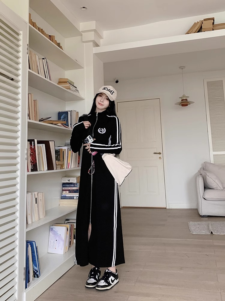 大碼胖MM春季休閒撞色立領拉鏈衛衣式修身顯瘦長款連衣裙子200斤