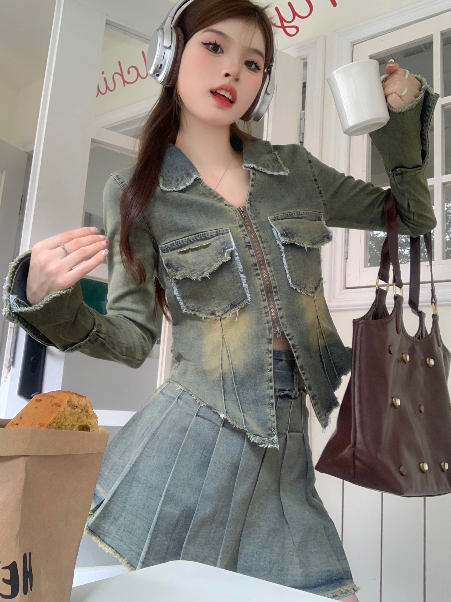 實拍  復古牛仔辣妹套裝女設計感磨毛水洗百褶裙兩件套