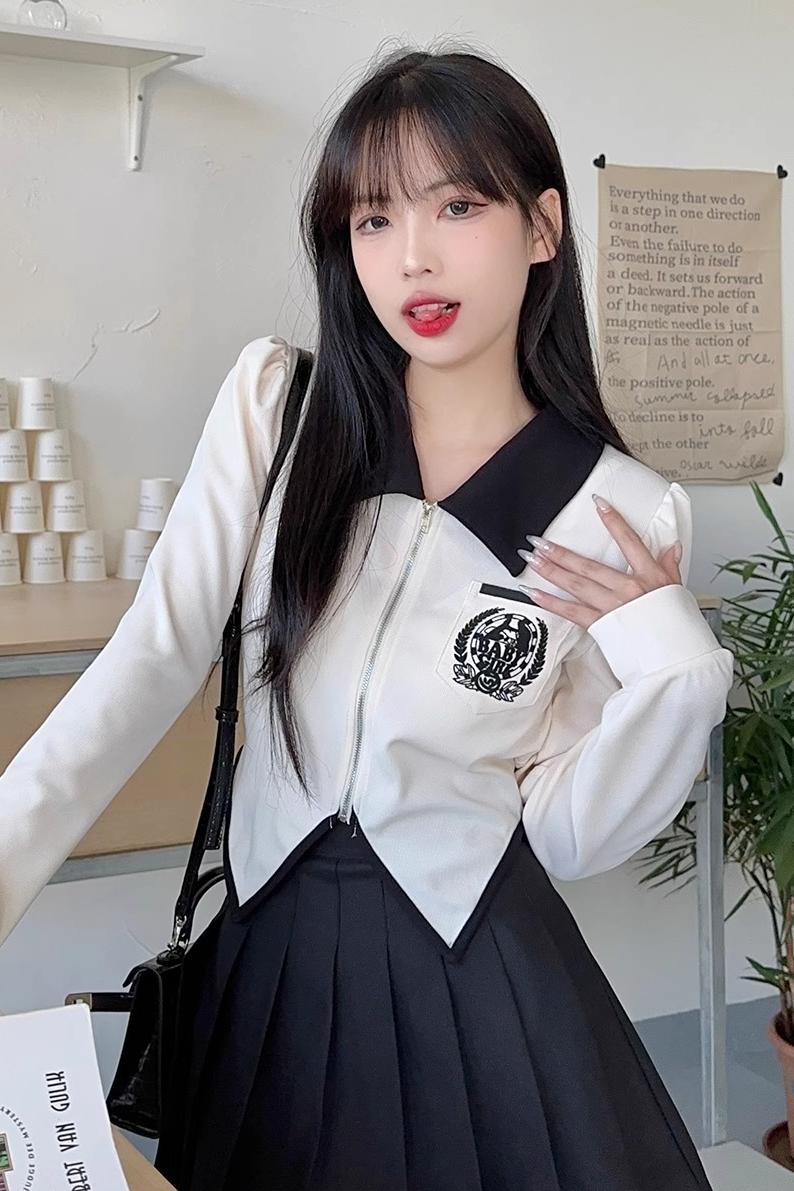大碼學院風Polo領長袖T恤女新款秋季胖MM短款顯瘦不規則上衣