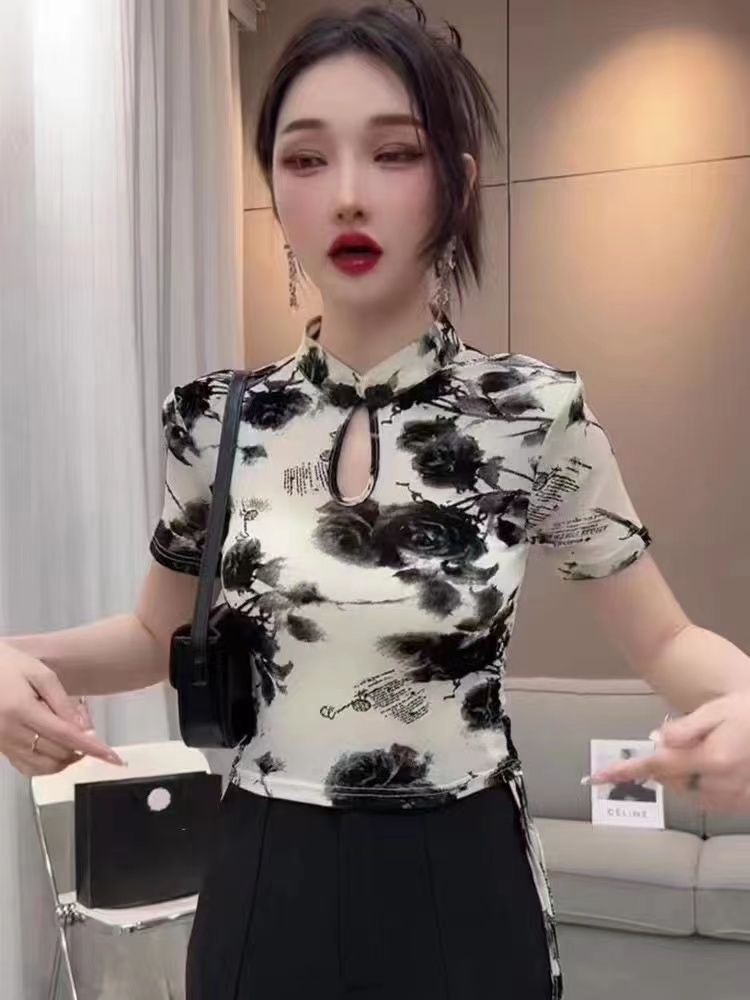 新中式國風漸變色短袖t恤女設計感辣妹修身高腰短款抽繩旗袍上衣