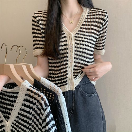 Actual shot Korean style simple V-neck hollow striped short-sleeved knitted cardigan women's jacket top