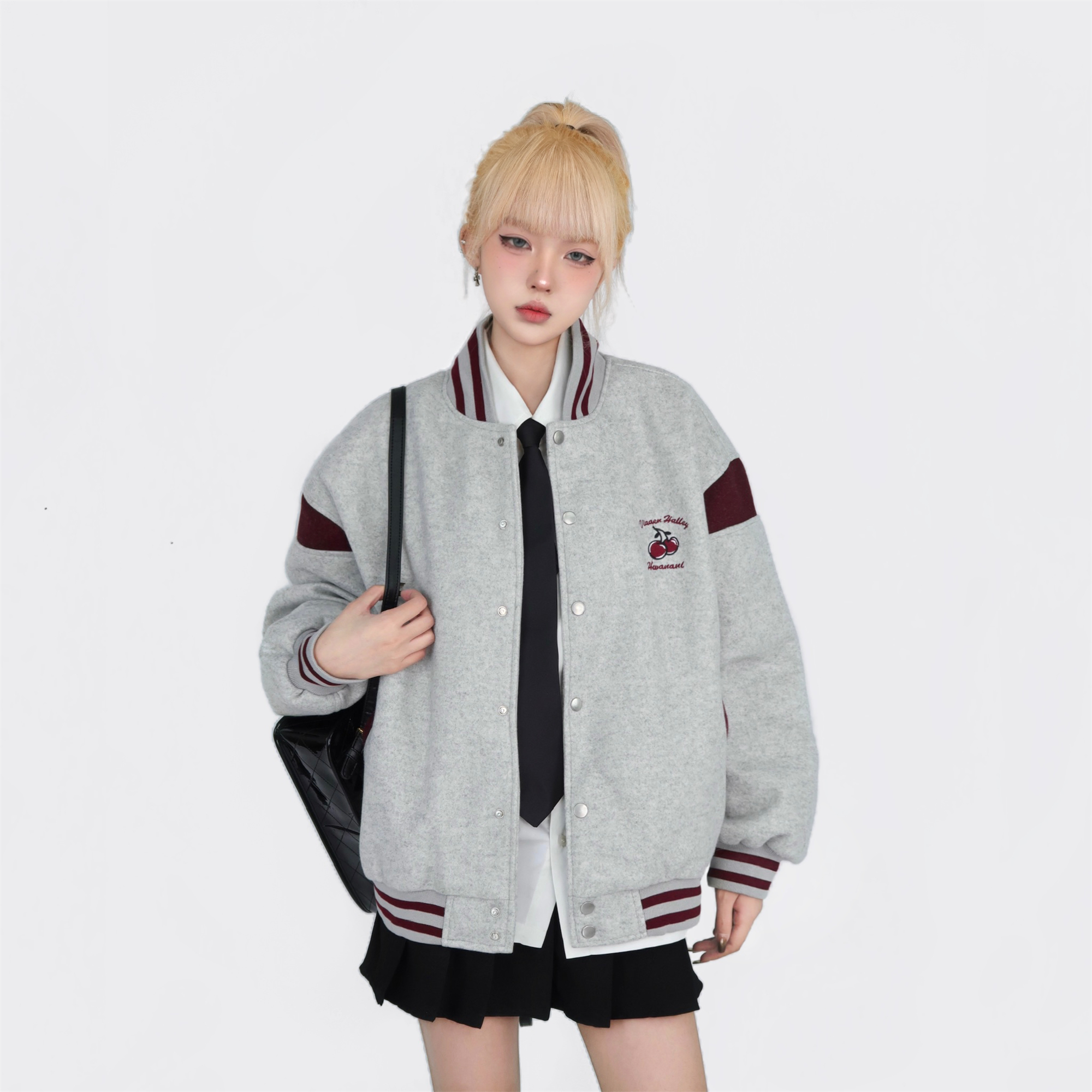 實拍#美式櫻桃刺繡棒球服外套女春秋寬鬆休閒國潮拼接夾克上衣