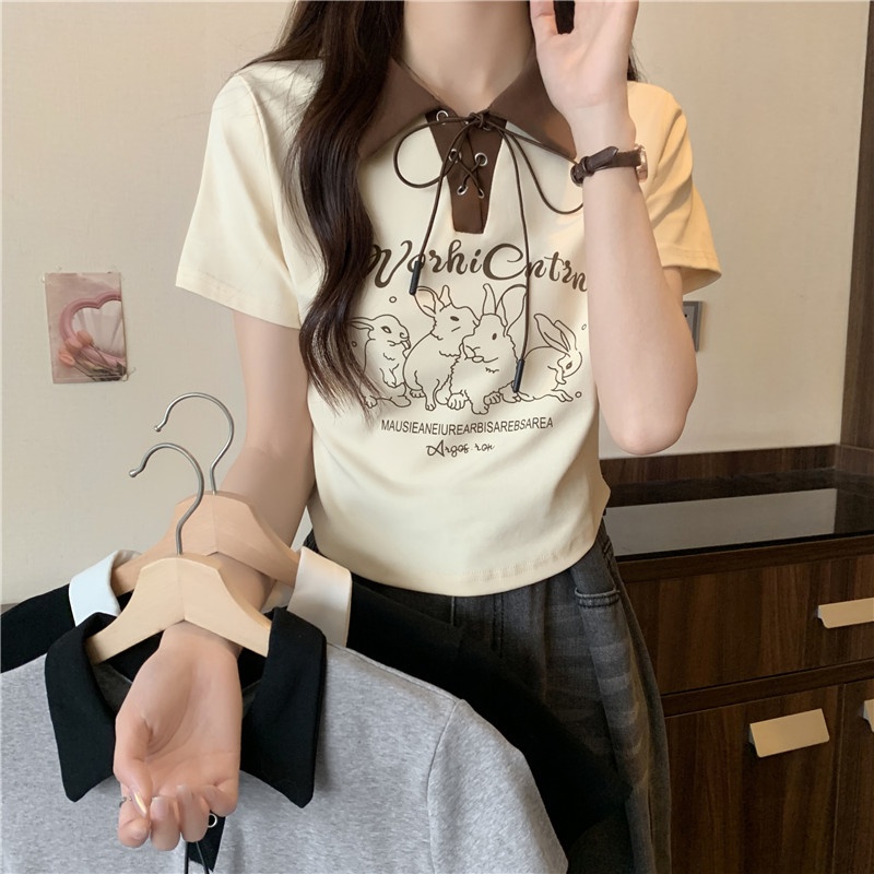 實拍 夏季韓版純棉寬鬆系帶POLO領刺繡短款短袖T恤女