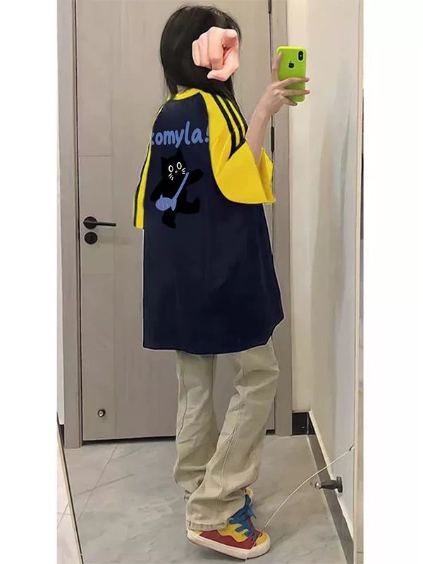 高級感條紋拼色插肩純棉短袖T恤女2024夏季新款美式復古寬鬆上衣