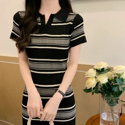 Summer 2024 new style Polo collar pit strip short-sleeved knitted dress women's high-end slim mid-length skirt