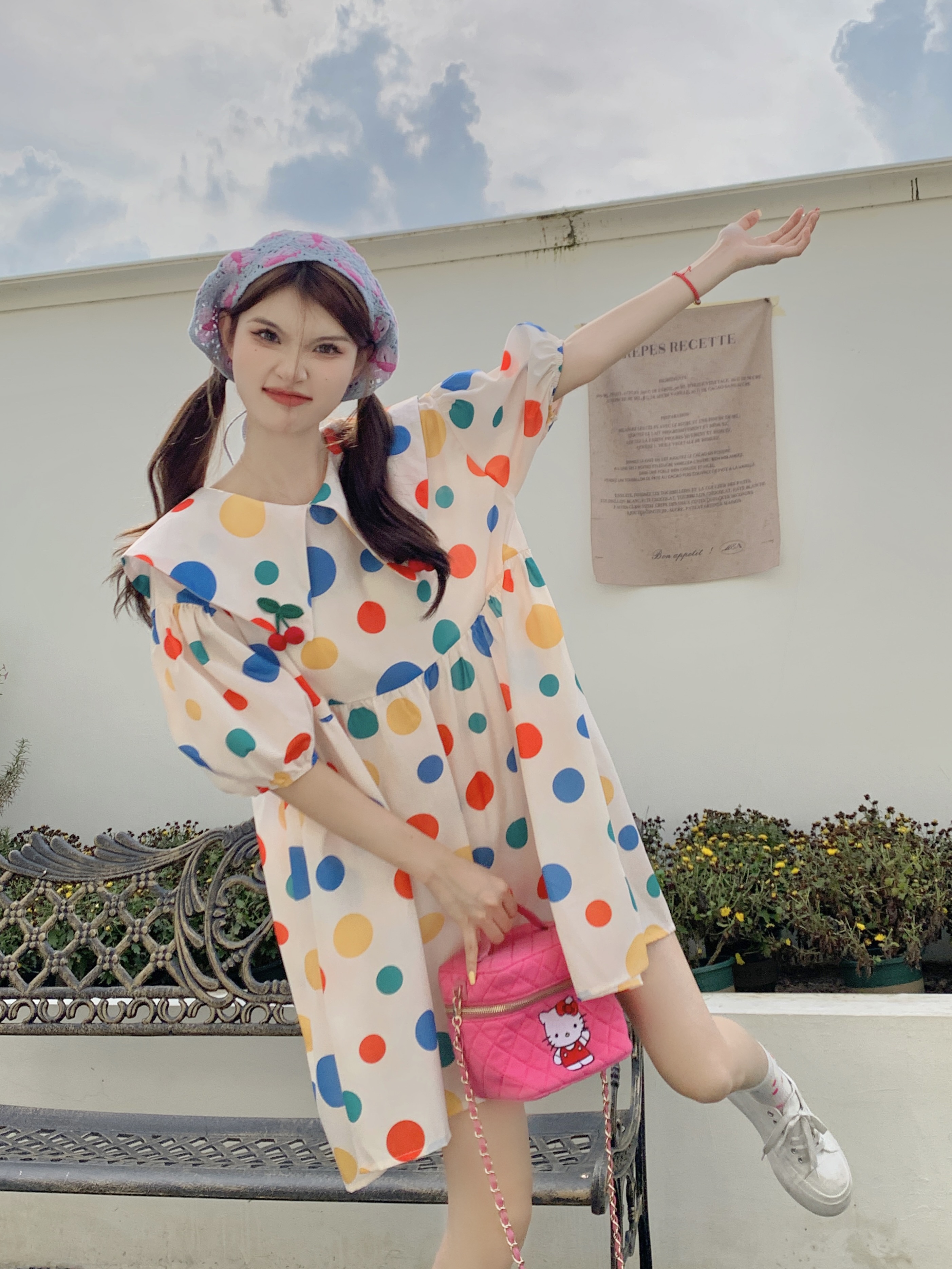 實拍  韓系甜美減齡可愛彩色波點立體櫻桃寬鬆娃娃領連衣裙