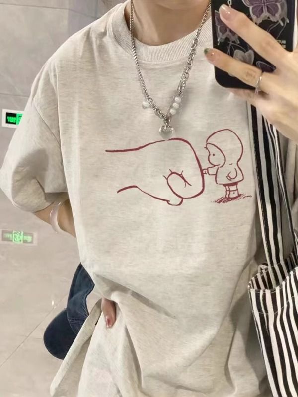 純棉正肩短袖t恤女2024新款夏季設計感小眾美式寬鬆灰色半袖上衣