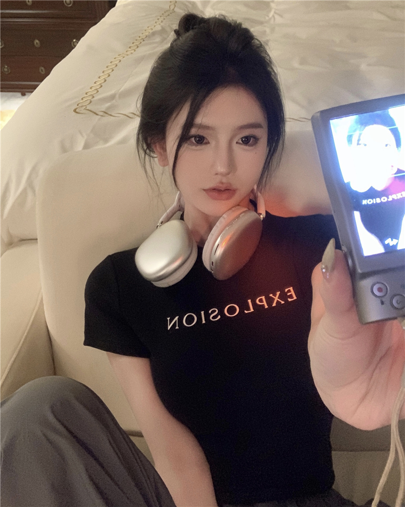 實拍~字母印花短袖t恤女夏季新款辣妹緊身露臍T恤上衣