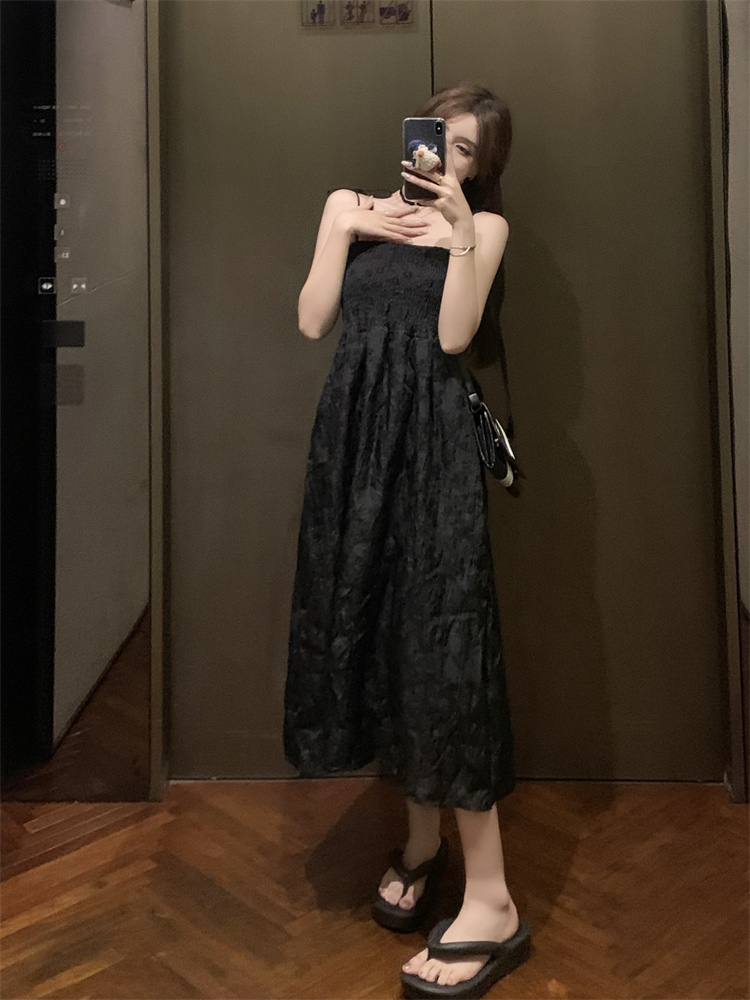 5015 real shot~Large size French gentle style jacquard suspender dress for women summer temperament waist-cinching tube top dress