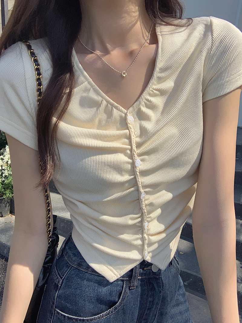 實拍  夏裝新款純欲甜辣短款設計感露臍收褶V領短袖上衣