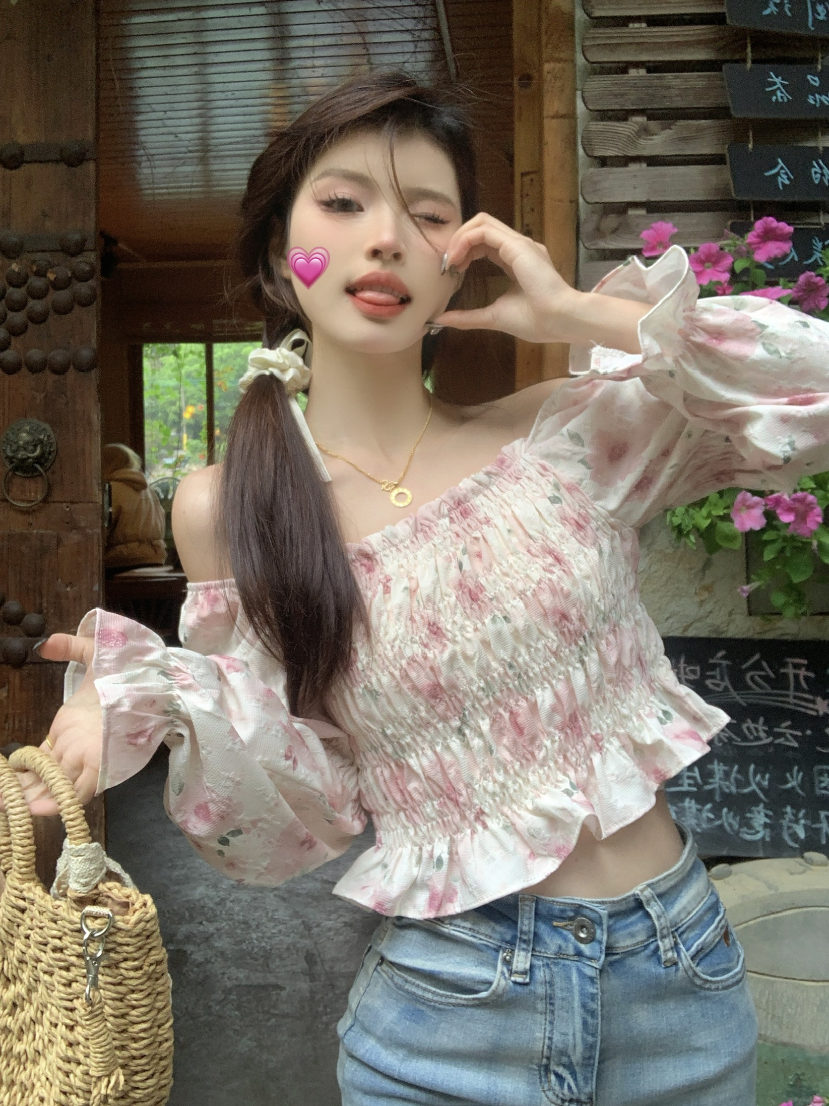 實拍 法式別致方領碎花女士襯衫早設計感小眾收腰長袖上衣