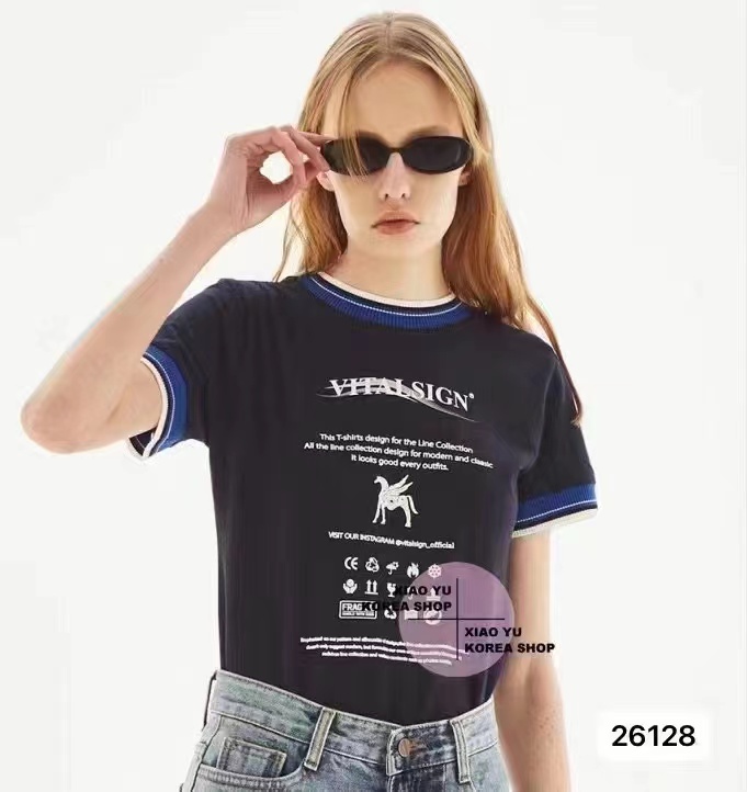 2024夏季新款韓系圓領字母印花百搭短袖上衣女