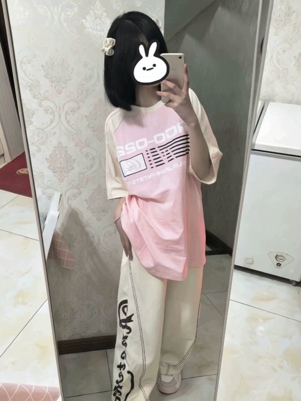 潮牌美式復古拼接撞色短袖t恤女夏季半袖2024新款設計感小眾上衣