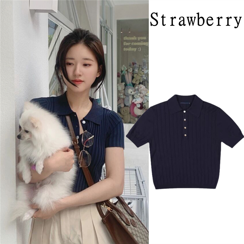 Zhao Lusi's same navy blue POLO collar knitted short-sleeved T-shirt for women slimming solid color short threaded top