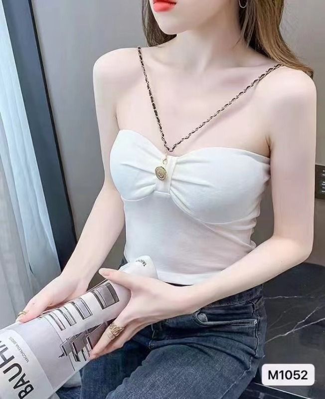 2024夏季新款個性女孩鏈條掛脖露肩設計吊帶