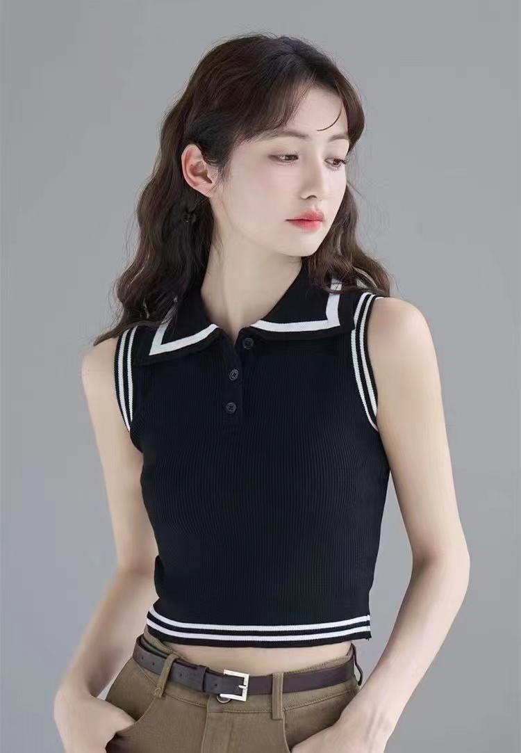 學院風polo領背心吊帶簡約休閒夏季針織上衣女