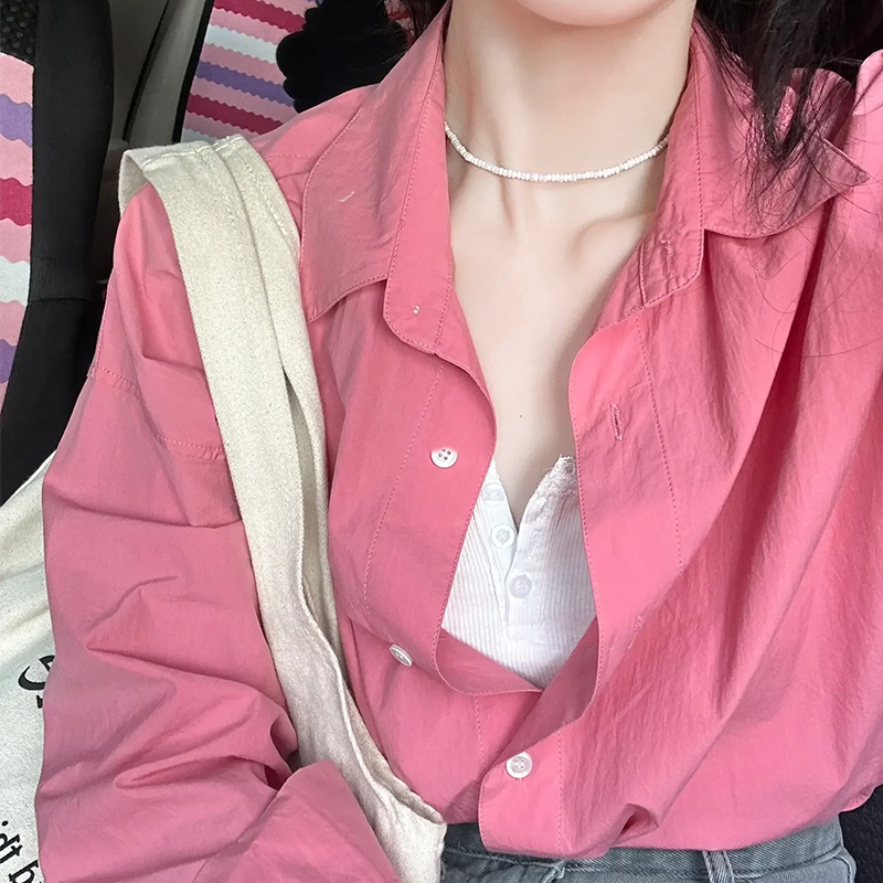 法式防曬長袖粉色襯衫女早秋寬鬆外套薄款襯衣春秋上衣設計感小眾