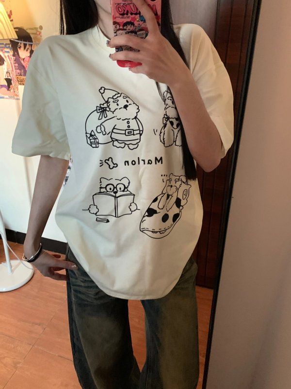 2024潮牌可愛卡通印花白色圓領短袖T恤女學院風oversize百搭上衣