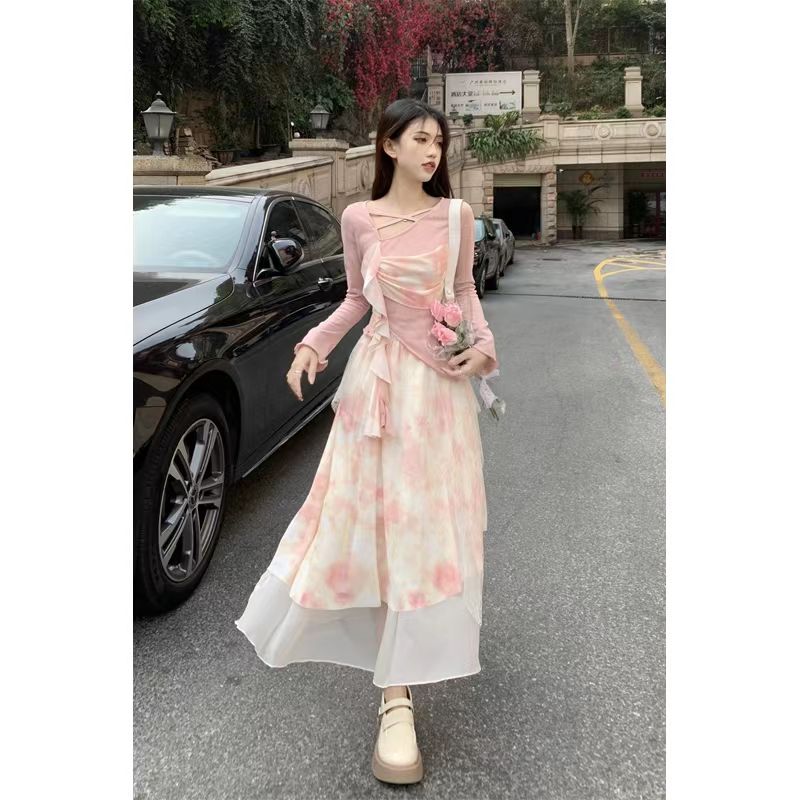 套裝女2024春秋季款甜欲風約會不規則拼接長袖上衣高腰碎花半身裙