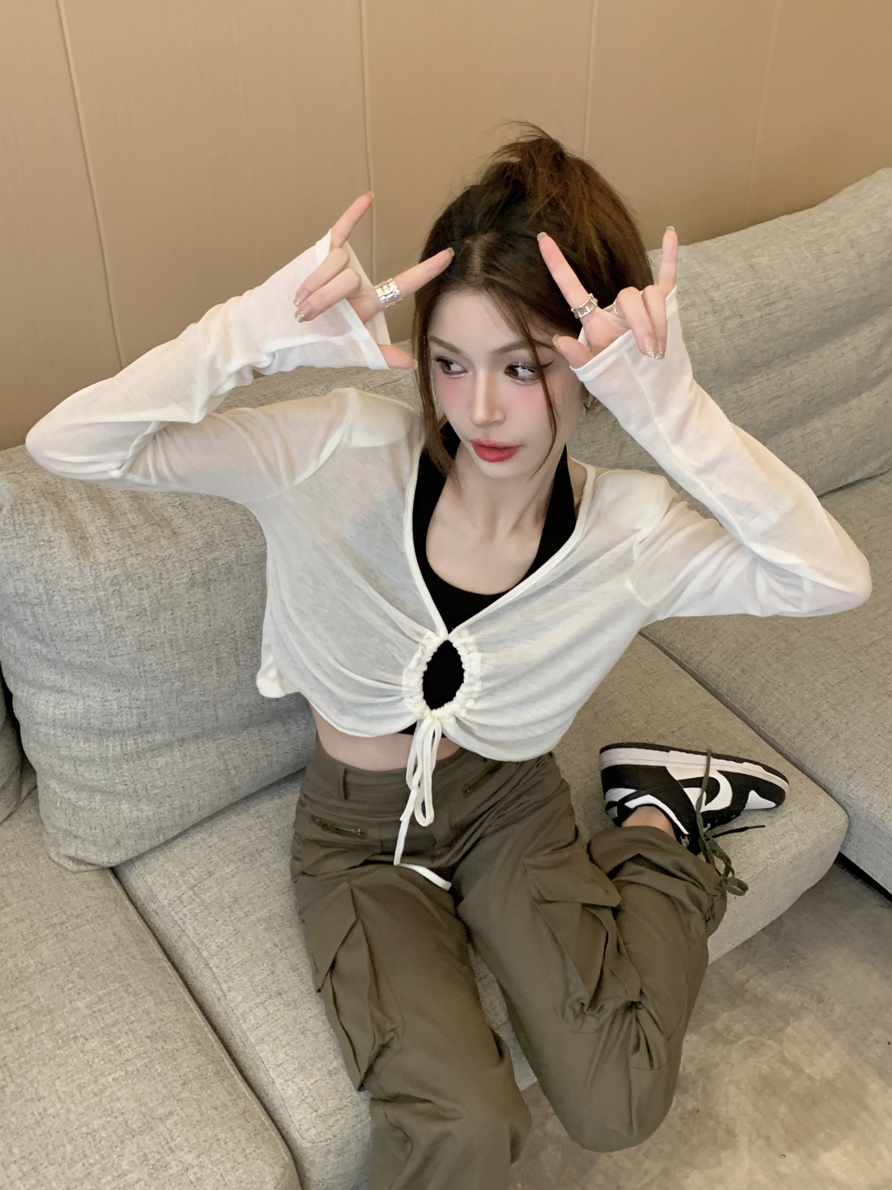 實拍純欲風時尚防曬衫套裝女夏季長袖短款開衫吊帶兩件套