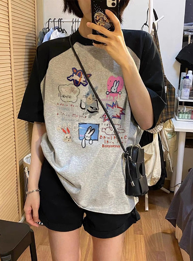 印花純棉210克精梳緊密後包領240斤大碼街頭百搭T恤女