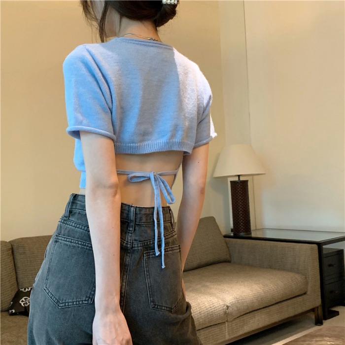 小清新修身短袖t恤女夏ins設計感小個子高腰短款綁帶甜辣別致上衣