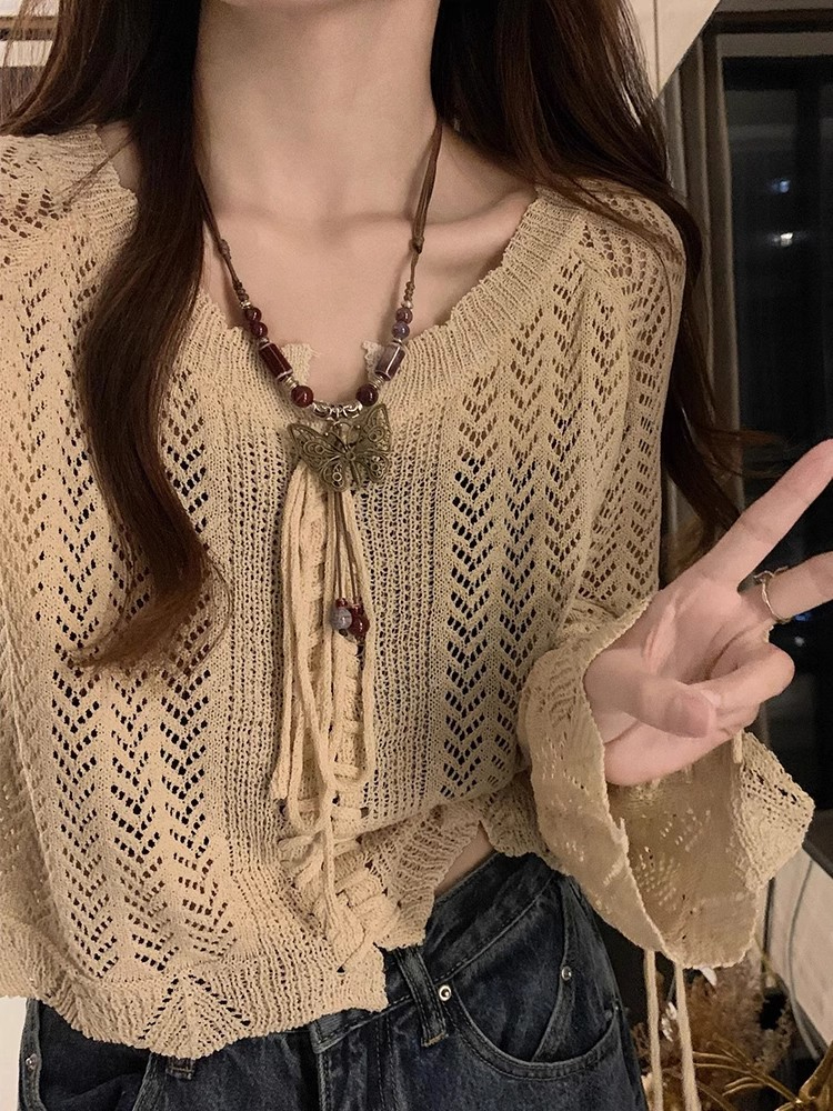 時尚綁帶鏤空設計感V領針織衫女夏季新款韓系高級感氣質短款上衣