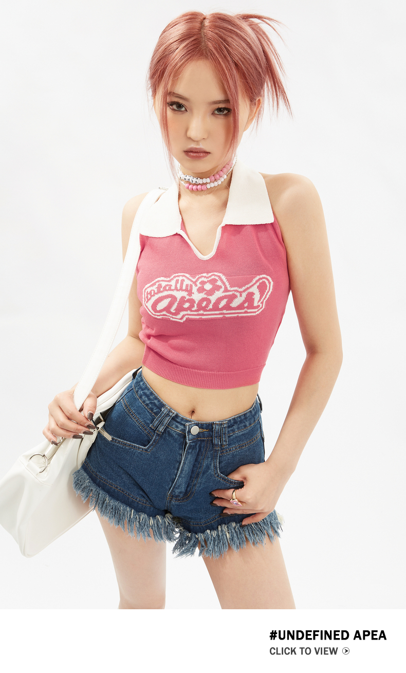 APEA2024 summer American hot girl contrasting color bow tie woolen halterneck camisole short top for women