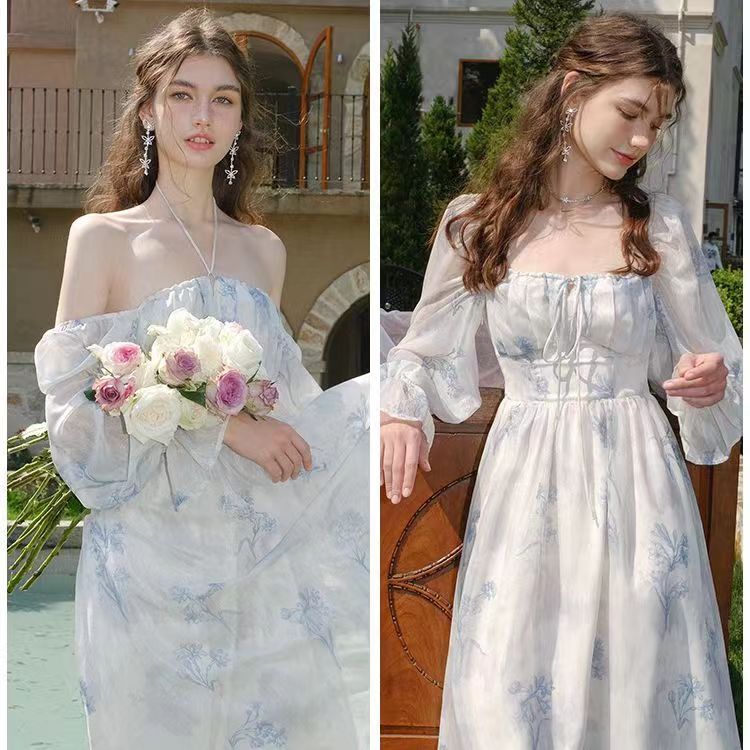Spring new style French square collar printed large size slim dress pear-shaped figure fat mm super fairy skirt for women
