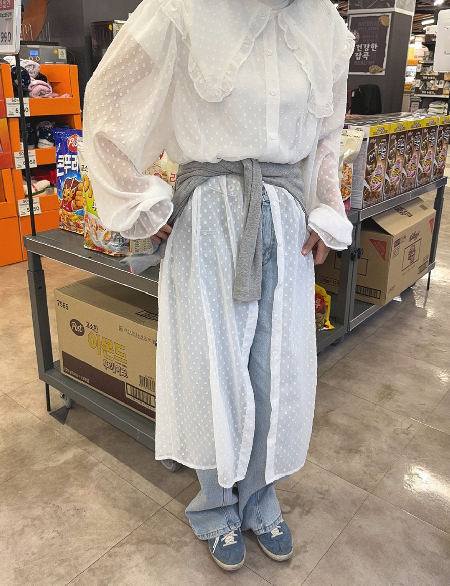 韓國ins春夏新款 圓點植絨雪紡網紗花邊大翻領長款襯衫防曬外套