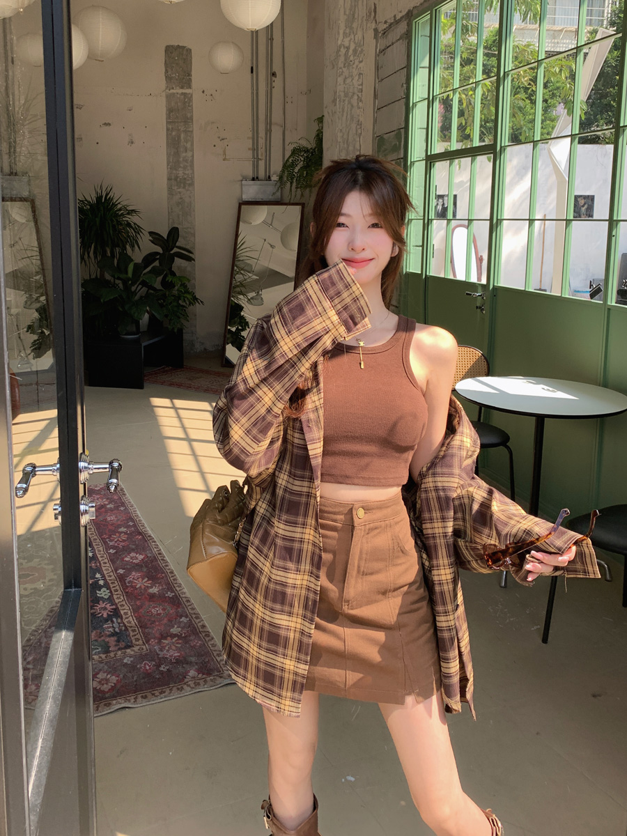 實拍~美式復古套裝中長款格子襯衫女裝內搭背心半身裙三件套