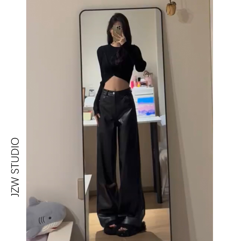 黑色直筒皮褲女春秋2024新款高腰寬鬆闊腿辣妹PU皮拖地長褲