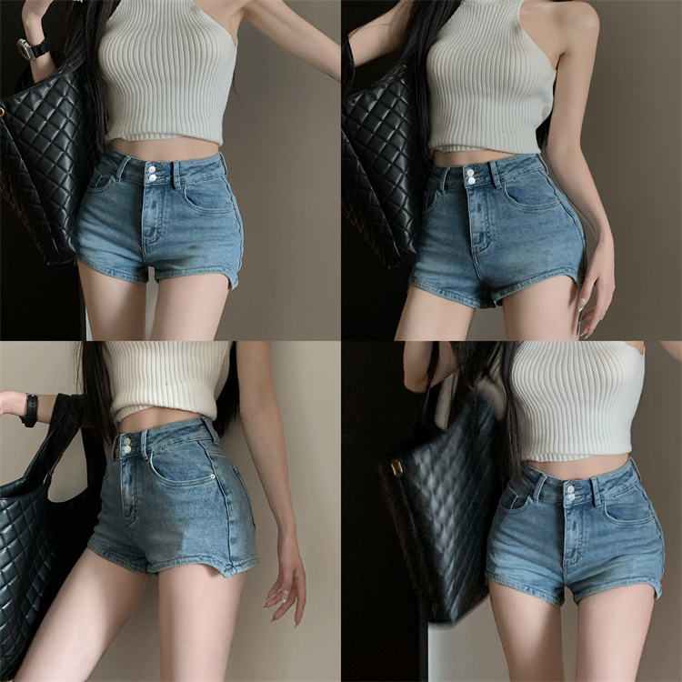 實拍 ~美式辣妹牛仔短褲女高腰a字彈力提臀緊身熱褲